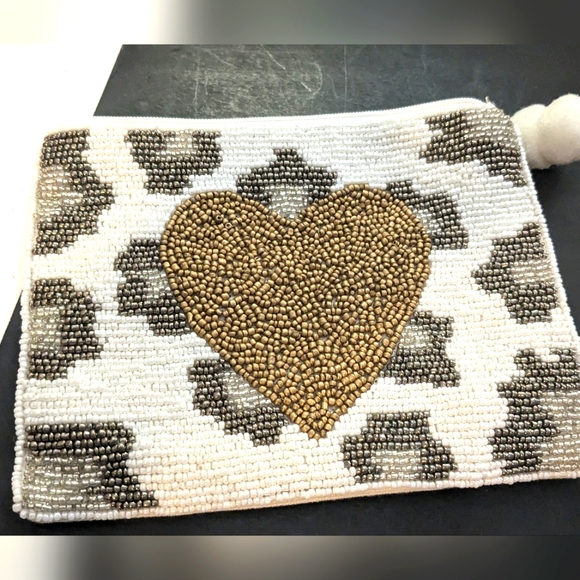 Francesca's Collections Handbags - Francesca's Glass Beaded Pouch Clutch Bag Purse Gold Heart Leopard Cougar Spots